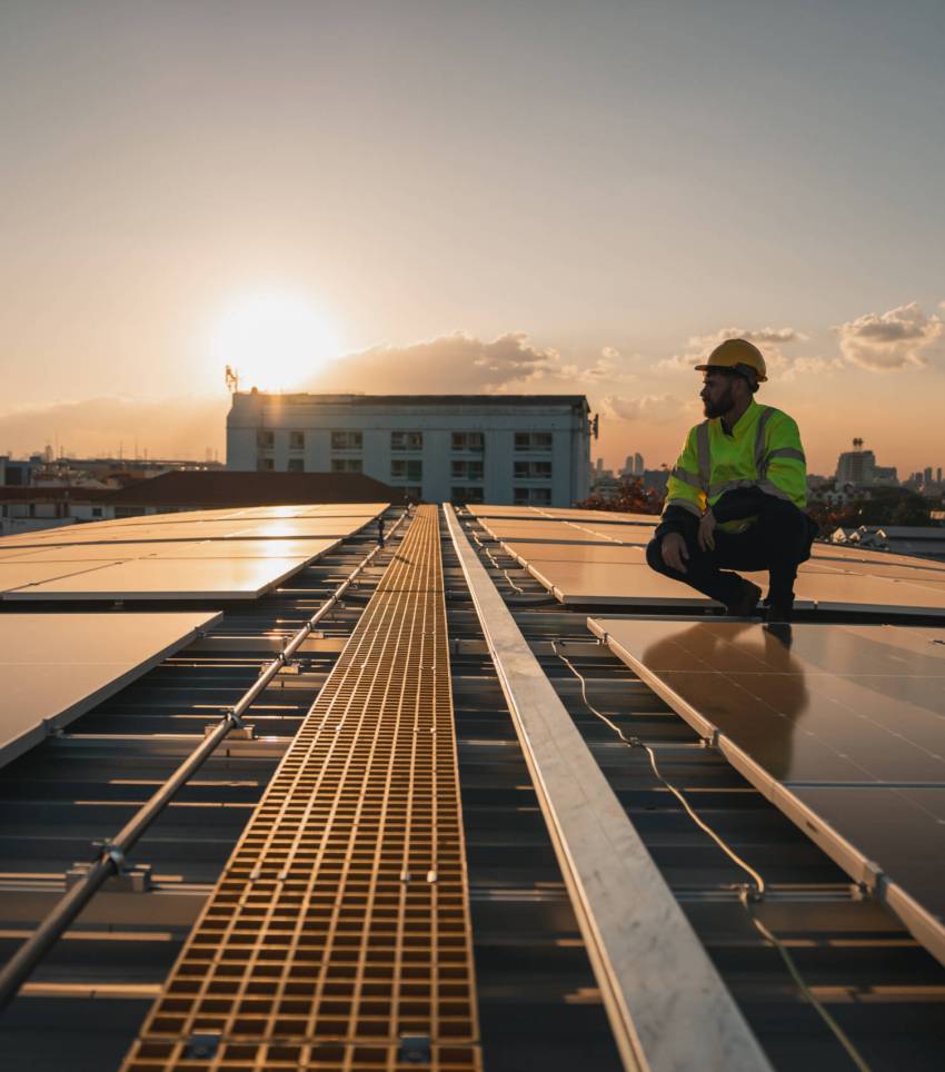 Service engineer checking solar cell on the roof for maintenance if there is a damaged part. Engineer worker install solar panel. Clean energy concept.